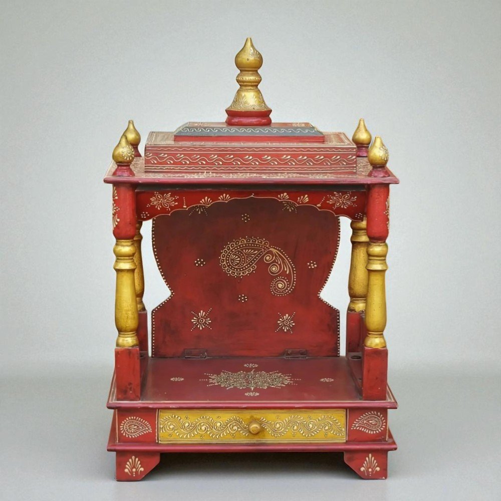 1-120-Photoroom Rajasthani Red Hand Painted Wooden Red Temple - Image 1