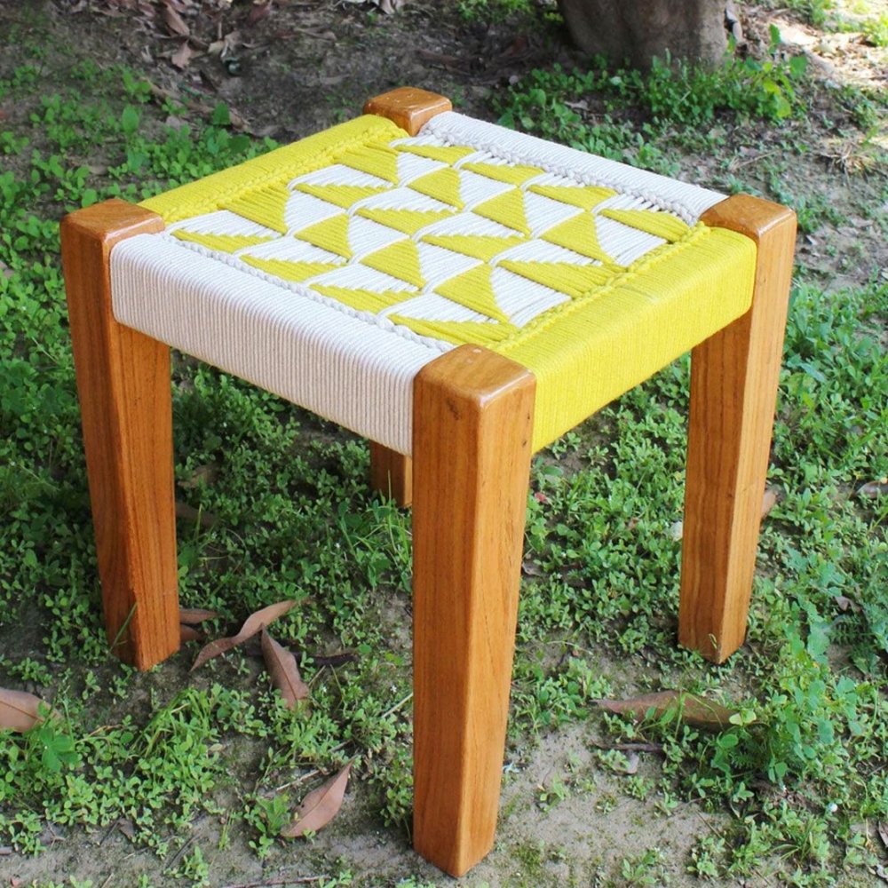 1 Rajasthani Yellow & White Cotton Rope Stool - Image 1