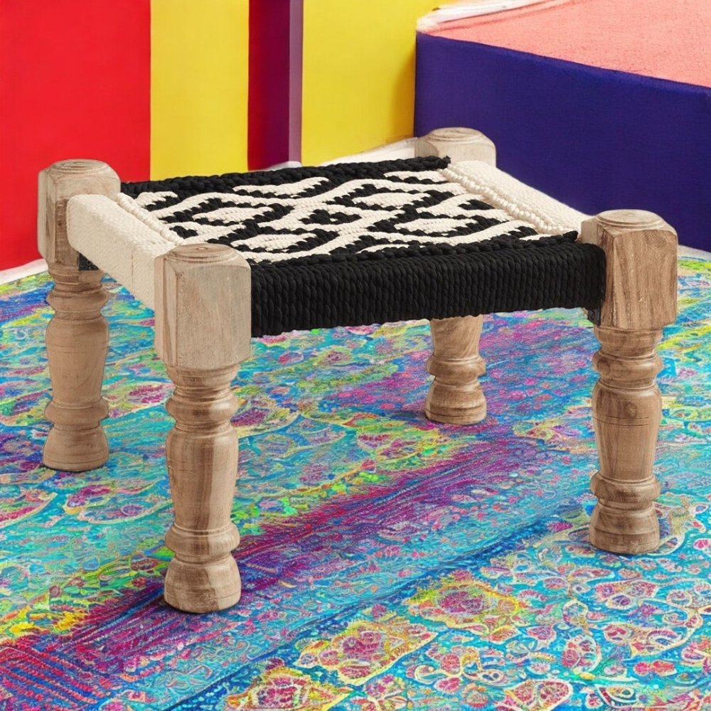 1 Solid Wood Rajasthani Charpai Rope Stool - Image 1