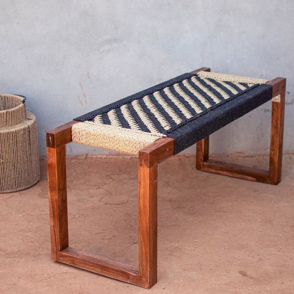 1 Rajasthani Vintage Cotton Wooden Bench - Image 1