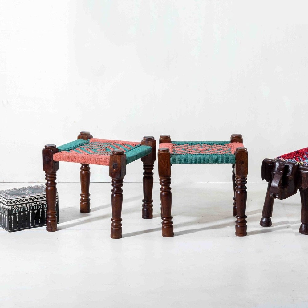 1 Orange and Green Wooden Rope Stool Set of Two - Image 1