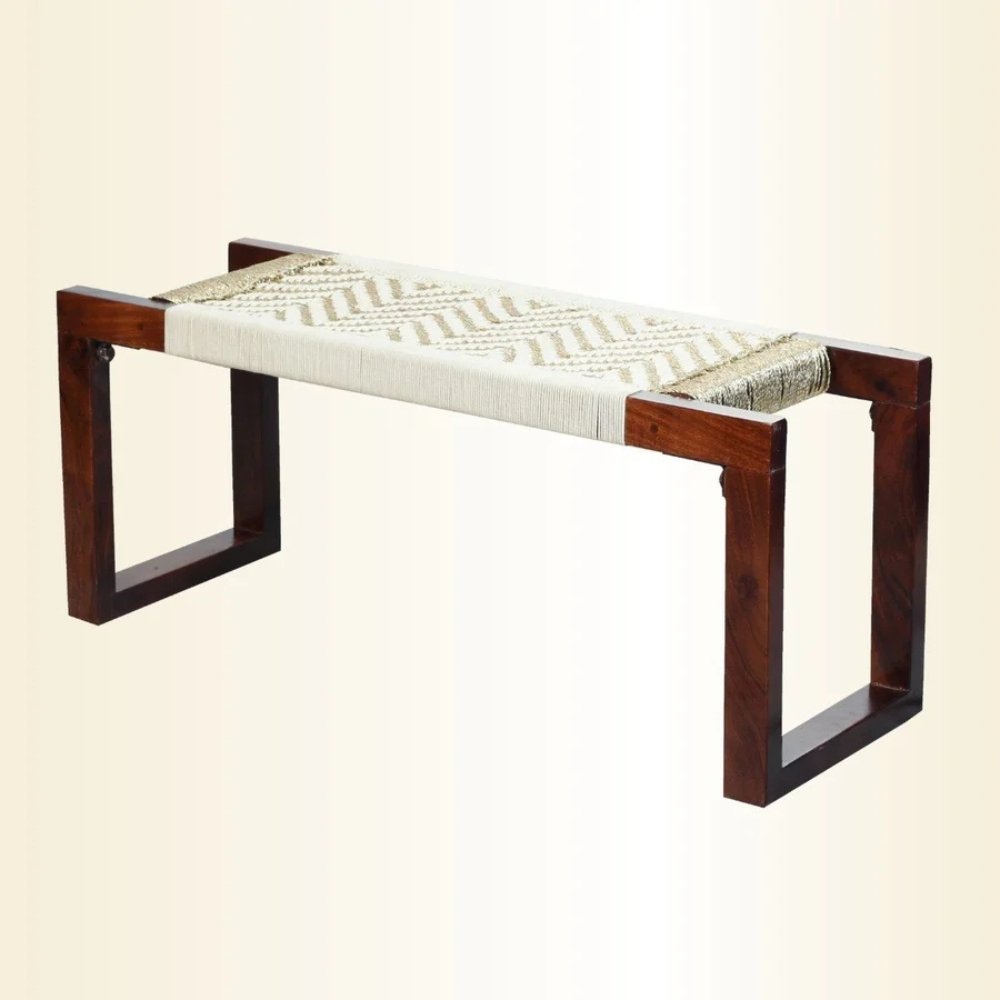 1 Rajasthani Cotton & Gold Plastic Rope Wooden Bench - Image 1