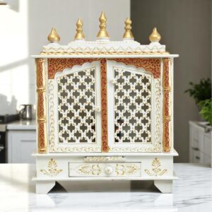 Red & Golden Sheesham Wood & MDF Wall Mounted Mandir With Doors