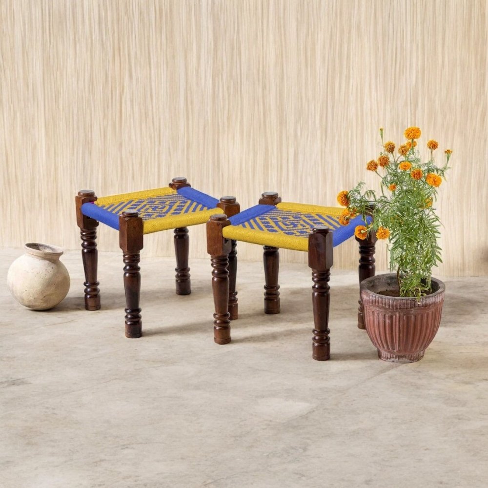 2 Blue & Yellow Wooden Rope Set of Two Stool - Image 1