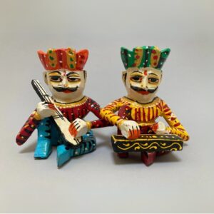 Vintage Hand Carved Hand Painted Wood Rajasthani Musician Figurine Pair