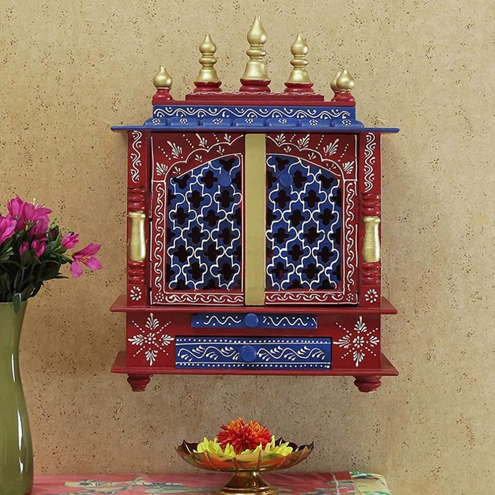 1 Red Hand Painted Wooden Wall Mounted Temple - Image 1