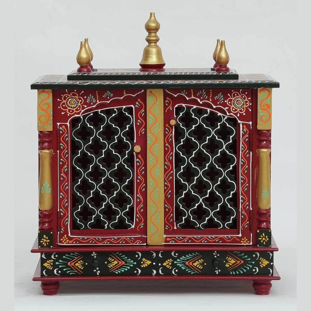 1 Green Handpainted Wall Mounted Wooden Pooja Temple - Image 1