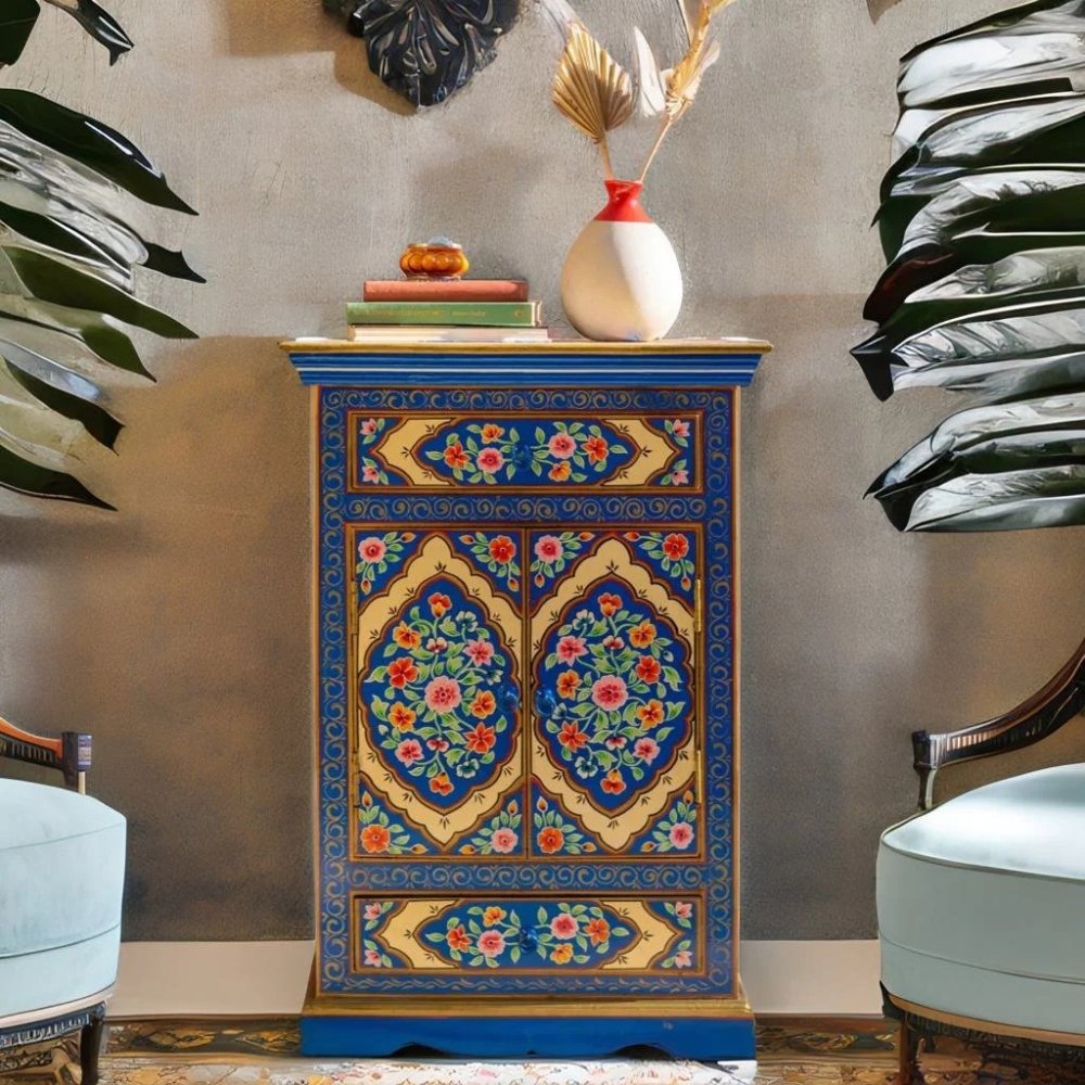 1 Hand Painted Mango Wood Cabinet for Home Storage - Image 1