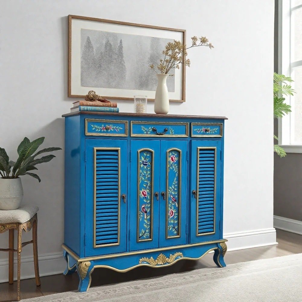 1 Rajasthani Wooden Handpainted Cabinet (Blue Finish) - Image 1