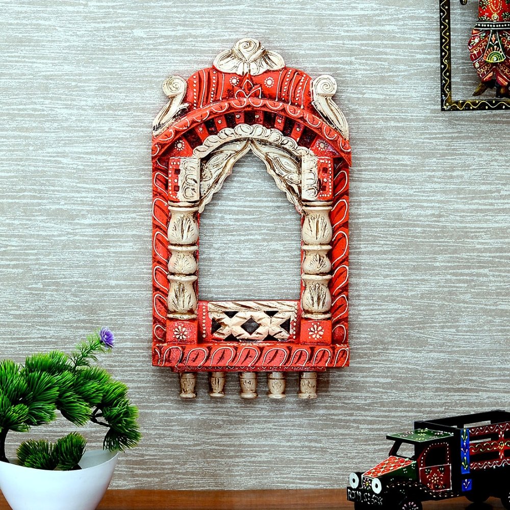 1 Rajasthani Hand Painted Red 16" x 9" Jharokha For Home - Image 1