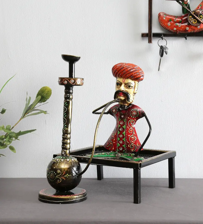 RSK_2801 Rajasthani Metal Rural Man With Hukka Showpiece For Home Decor - Image 1