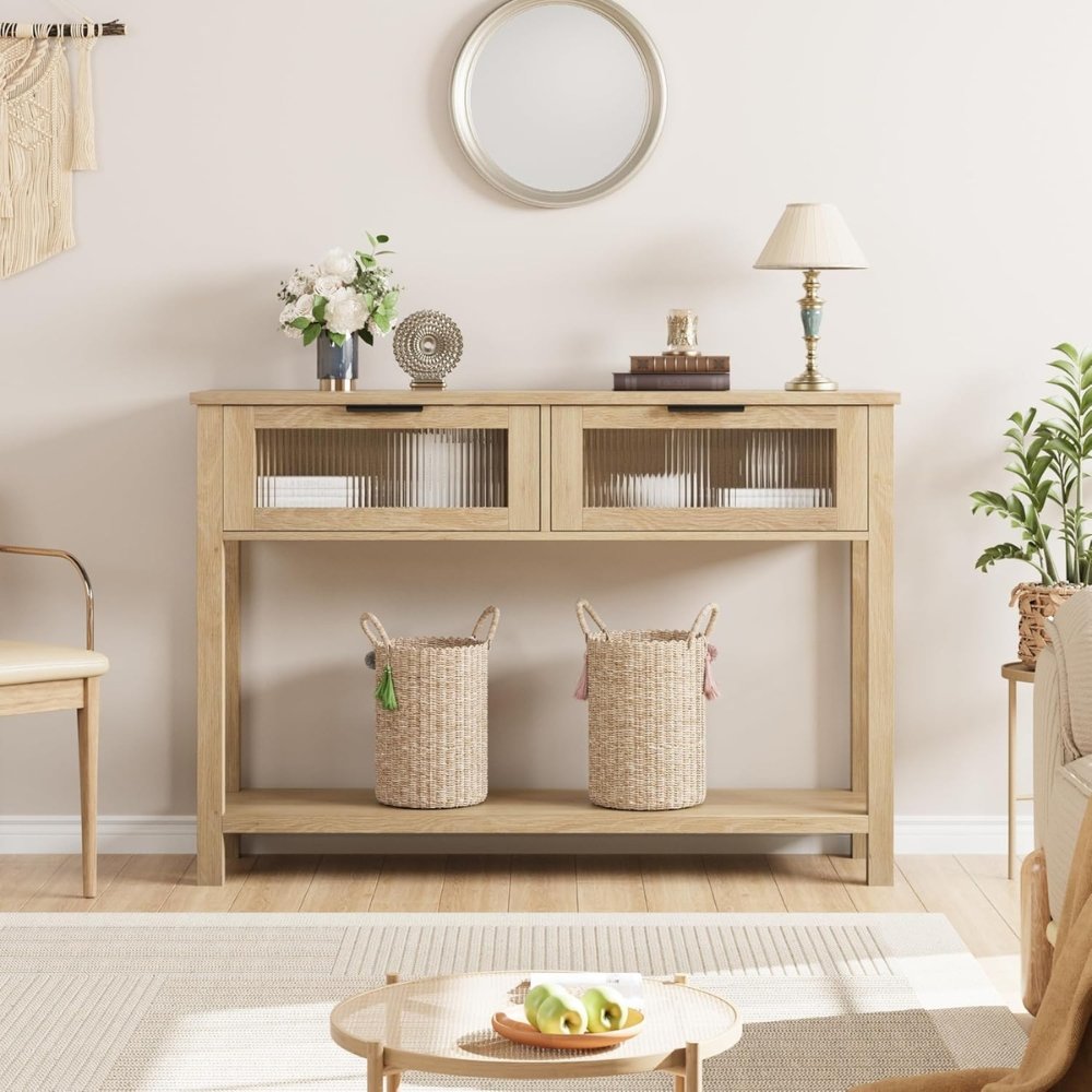 4-173 Modern Solid Wood Console Table with 2 Glass Drawers - Image 1