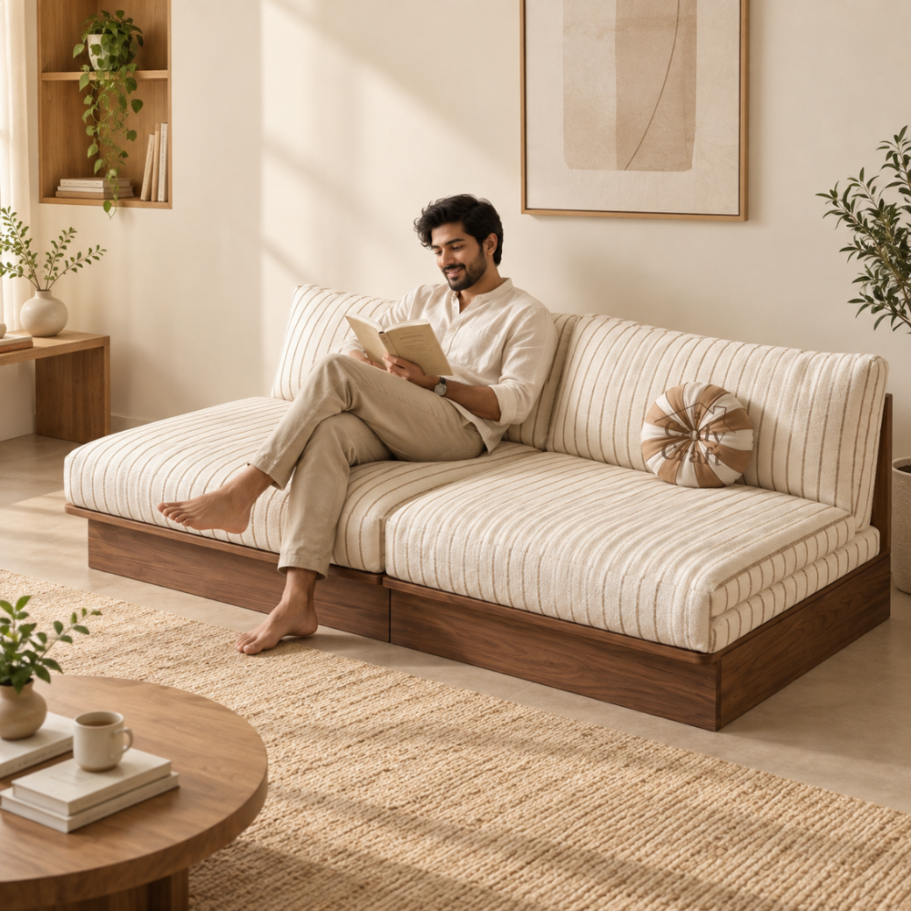 2 Japandi Fold Solid Wood Sofa Cum Bed - Image 1