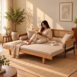Handcrafted Solid Wood & Rattan Convertible Sofa Cum Bed