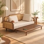 Modern Wooden Frame Convertible Sofa Bed with Natural Rattan Detailing