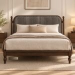 Classic Wooden Platform Bed Featuring a Striped Upholstered Panel Headboard