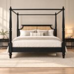 Modern Colonial Black Solid Wood Canopy Bed with Woven Cane Panel