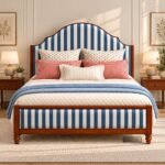 Premium Warm Wood Finish Bed with Nautical Blue Stripe Upholstery