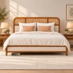 The Cano Solid Wood Bed Frame with Natural Cane Mesh & Padded Fabric Backrest