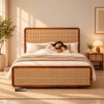 Classy Solid Wood Natural Rattan Bed for Bedroom