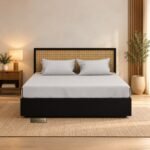 Solid Wood Bed with Rattan Headboard with Hydraulic Storage Bed