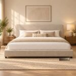 Upholstered Platform Bed with Padded Headboard in Beige Fabric