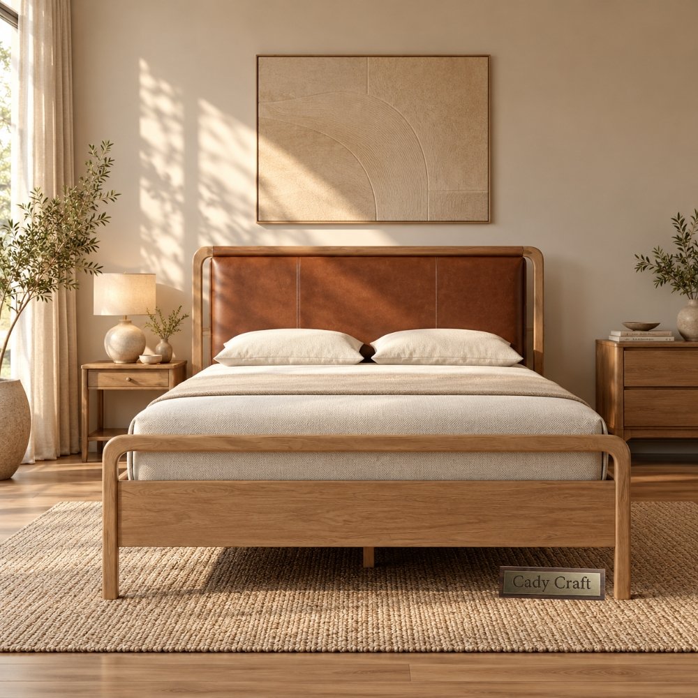 1 Natural Wooden Modern Leather Bed - Image 1