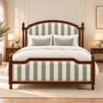 Classic Dark Wood Bed Frame featuring Striped Fabric Panels with Brass Nailhead Trim
