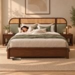 Solid Wood Platform Bed with Woven Rattan & Sage Green Fabric Dual-Panel Headboard