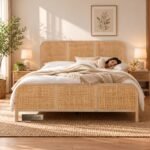 Retro Modern Natural Wooden Cane Bed for Bedroom