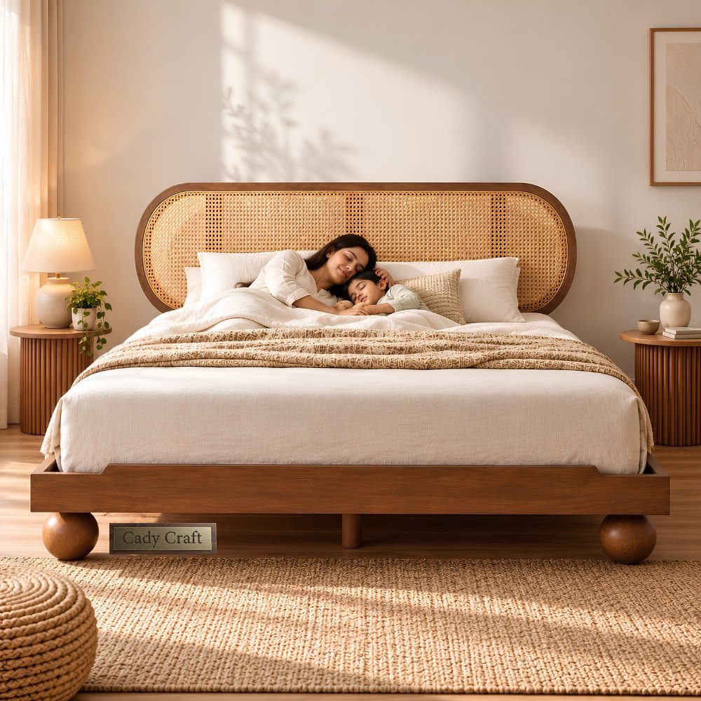 4 Caddy Wooden Platform Bed with Oval Cane Headboard - Image 1