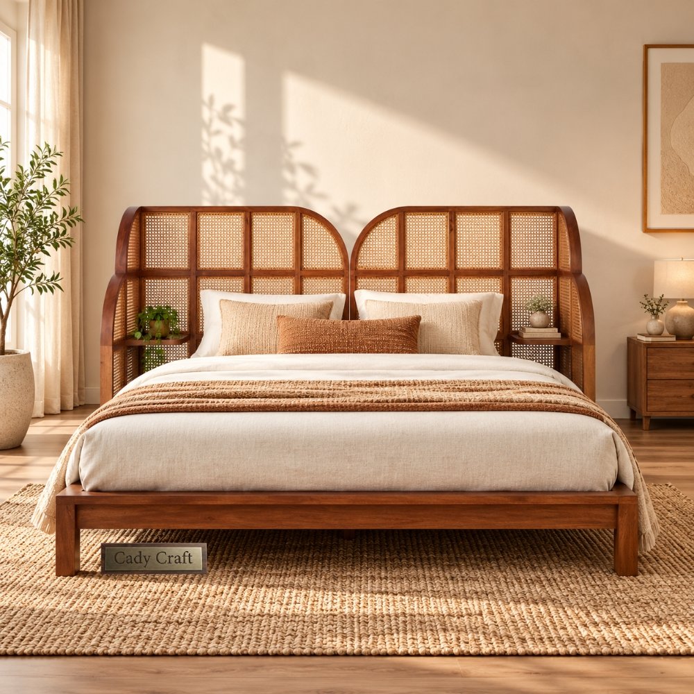 6 Retro Modern Cane Bed for Bedroom with Headboard - Image 1