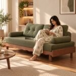 Solid Acacia Wood Sofa Cum Bed (Walnut Finish, Olive Green Fabric)